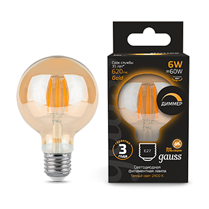 Лампа Filament G95 6W 620lm 2400К Е27 golden диммируемая LED 1/20 105802006-D