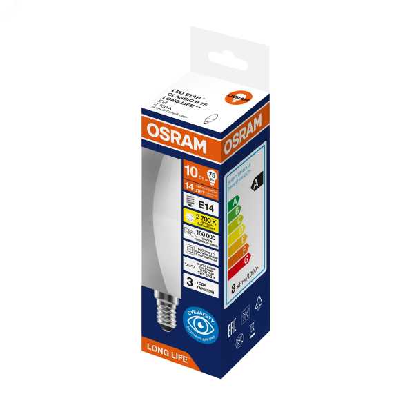 Лампа светодиодная 10Вт 806Лм 2700К Е14 свеча 170-250В OSRAM LONG LIFE 4099854186813