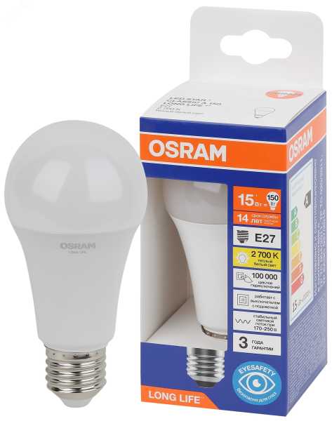 Лампа светодиодная LED 15Вт Е27 2700К 1521Лм груша 220В (замена 150Вт) OSRAM 4099854186158