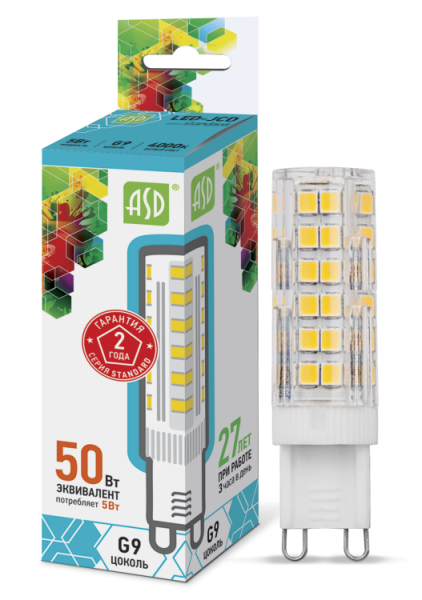 Лампа светодиодная LED-JCD-standard 5Вт 230В G9 4000К 450Лм 4690612004631