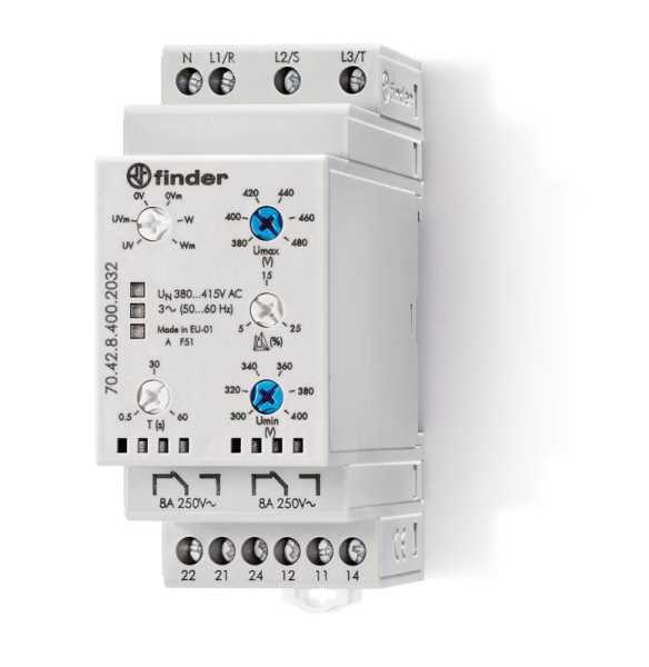 Реле контрольное для 3-фазных сетей пониженное/повышенное напряжение обрыв/чередование/асимметрия фаз контроль нейтрали настраиваемые диапазоны выход 2CO 8А 35мм IP20 704284002032