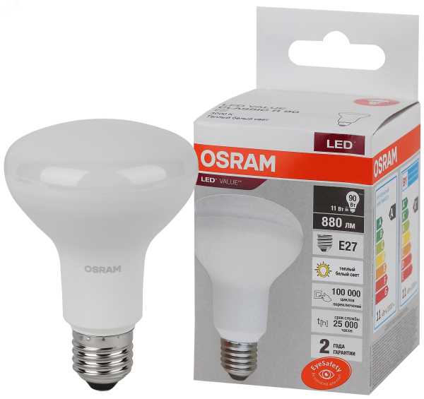 Лампа светодиодная LED Value LV R80 90 11SW/830 11Вт рефлектор матовая E27 230В 10х1 RU OSRAM 4058075582699