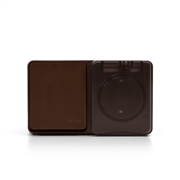 AtlasDesign PROFI IP54 О/У БЛОК: РОЗ. з/к со шт. 16А, ВЫКЛ.1-клав.10А, КОРИЧНЕВЫЙ ATN546070