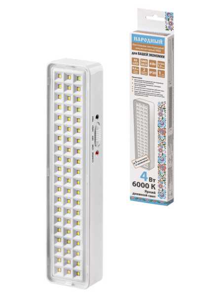 Светильник светодиодный аккумуляторный СБА 60 LED, DC, Li-ion 3,7 В 1,5 А*ч, 3-5 ч,пластик, Народный SQ0308-0301