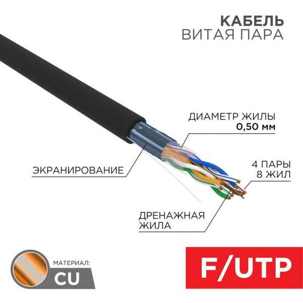 Кабель витая пара F/UTP кат.5E 4х2х24AWG solid CU ZH нг(А)-HF OUTDOOR черн. (305м) 01-0165