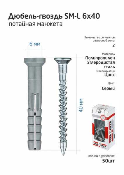 Дюбель-гвоздь 6х40 с потайной манжетой полипропилен (уп.50шт) коробка Tech-Krep 112710