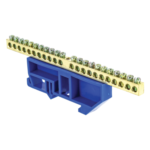 Шина "0" N (6х9мм) 22 отверстия латунь синий изолятор на DIN-рейку PROxima sn0-63-22-d