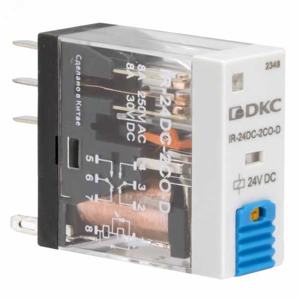 Реле миниатюрное промышленное, 2CO, ком. ток 8А, AgSnO, напряжение 24VDC, опция: тест-кнопка+светодиод+защитный диод IR-24DC-2CO-D