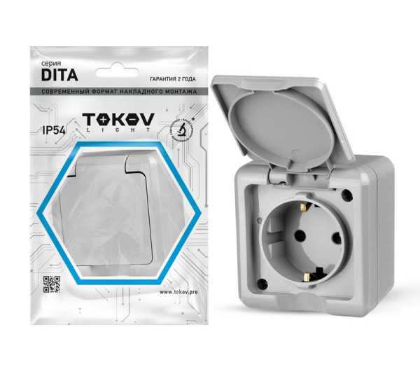 Розетка 1-м ОП Dita 16А IP54 250В с заземл. с крышкой сер. TKL-DT-R1Z-C06-IP54