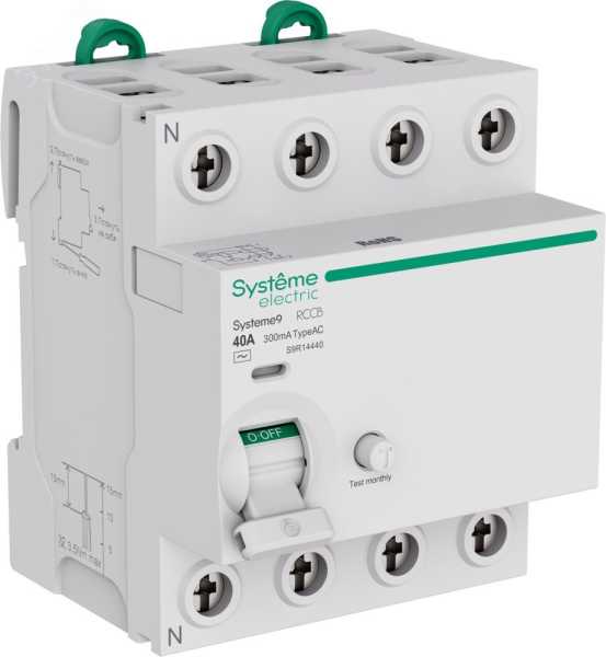 Выключатель дифференциального тока (ВДТ) 40A 4P 300мА Тип-AC 400В Systeme9 S9R14440