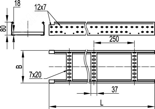 Лоток лестничный 200х80 L6000 сталь 1.5мм DKC LA8020