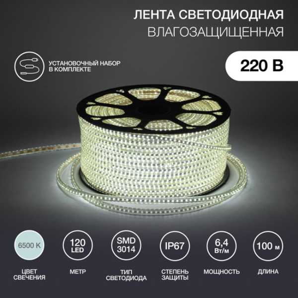 142-801 LED лента 220 В, 6x10.6 мм, IP67, SMD 3014, 120 LED/m, цвет свечения белый, 100 м(кр.100