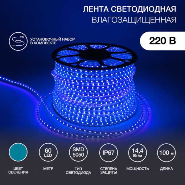 LED лента 220 В, 13х8 мм, IP67, SMD 5050, 60 LED/m, цвет свечения синий 142-103