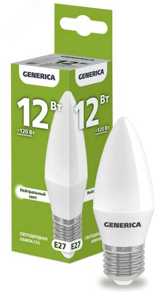 Лампа светодиодная C35 свеча 12Вт 230В 4000К E27 GENERICA LL-C35-12-230-40-E27-G