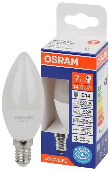 Лампа светодиодная LED 7Вт Е14 4000К 600Лм свеча 220В (замена 60Вт) OSRAM 4099854186271