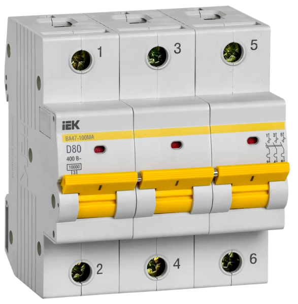 Автоматический выключатель ВА47-100МА без тепл. расцеп. 3P 80А 10кА D MVA43-3-080-D