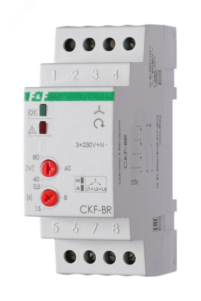 Реле контроля наличия и чередования фаз CKF-BR (монтаж на DIN-рейке 35мм; регулировка порога отключения; регулировка времени отключения; 3х400/230+N 2х8А 1Z 1R IP20) F&F EA04.002.003