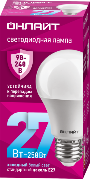 Лампа светодиодная 27вт OLL-A60-27-230-6.5K-E27 PRO 90-240В ОНЛАЙТ 31990