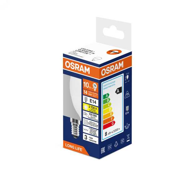 Лампа светодиодная 10Вт 806Лм 2700К Е14 шар 170-250В OSRAM LONG LIFE 4099854186639