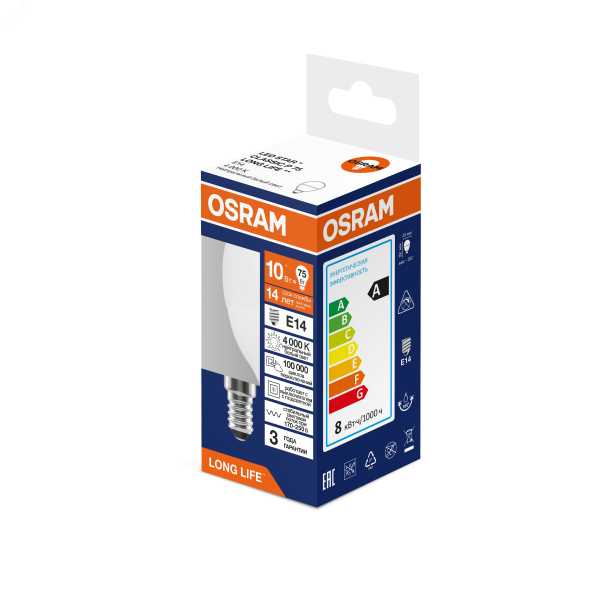 Лампа светодиодная 10Вт 806Лм 4000К Е14 шар 170-250В OSRAM LONG LIFE 4099854186691