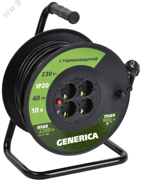 Удлинитель на катушке 4х40м 10А IP20 УК40 2P+PE 3х1 термозащита GENERICA WKP10-10-04-40-G