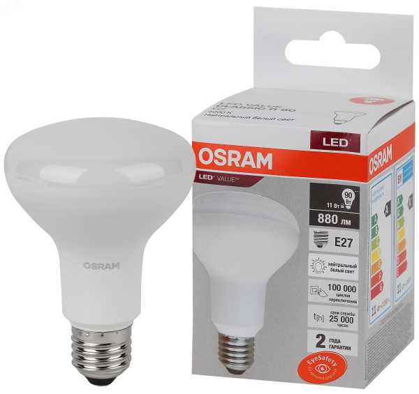 Лампа светодиодная LED Value LV R80 90 11SW/840 11Вт рефлектор матовая E27 230В 10х1 RU OSRAM 4058075582729