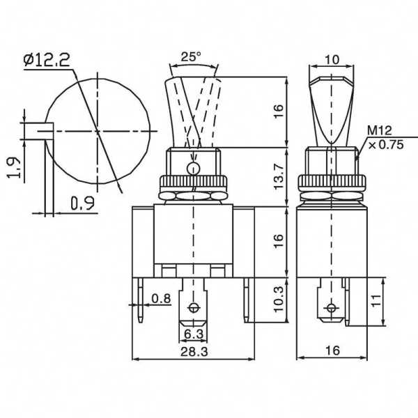 Тумблер 12В 30А (3c) ON-OFF 1п с красн. LED подсветкой (ASW-07D-2) блист. 06-0334-B