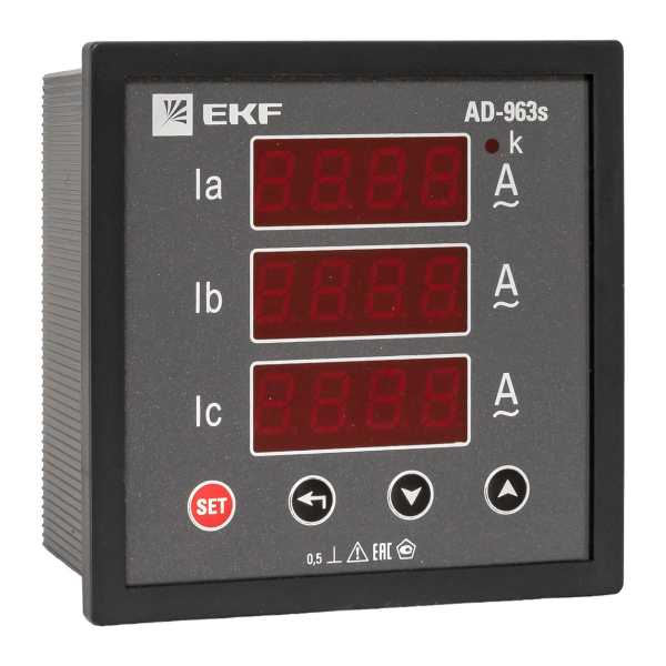 Амперметр AD-963s цифровой на панель 96x96 (квадратный вырез) трехфазный в коротком корпусе EKF PROxima AD-963s Амперметр AD-963s цифровой на панель 96x96 (квадратный вырез) трехфазный в коротком корпусе EKF PROxima AD-963s