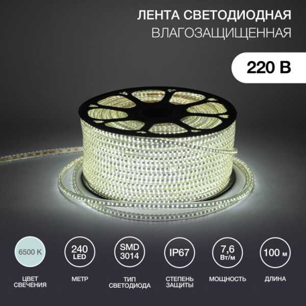 142-803 LED лента 220 В, 6.5x15 мм, IP67, SMD 3014, 240 LED/m, цвет свечения белый, 100 м (кр.10