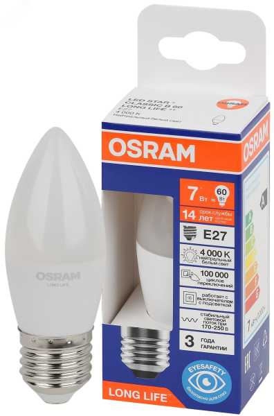 Лампа светодиодная LED 7Вт Е27 4000К 600Лм свеча 220В (замена 60Вт) OSRAM 4099854186363