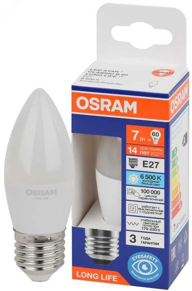 Лампа светодиодная LED 7Вт Е27 6500К 600Лм свеча 220В (замена 60Вт) OSRAM 4099854186394