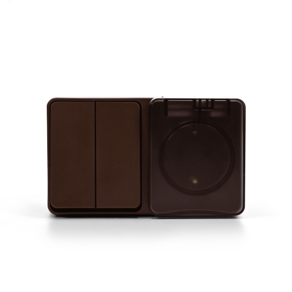 AtlasDesign PROFI IP54 О/У БЛОК: РОЗ. з/к со шт. 16А, ВЫКЛ.2-клав.10А, КОРИЧНЕВЫЙ ATN546074