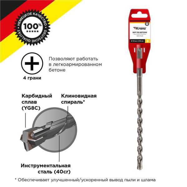 Бур по бетону 10х210мм крестовая пластина SDS PLUS KR-91-0810