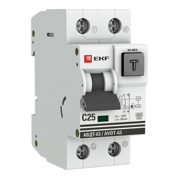 Дифференциальный автомат АВДТ-63 25А/100мА (характеристика C, эл-мех, тип А) 6кА PROxima DA63-25-100em
