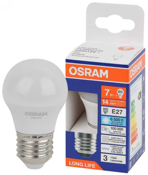 Лампа светодиодная LED 7Вт Е27 6500К 600Лм шар 220В (замена 60Вт) OSRAM 4099854186578