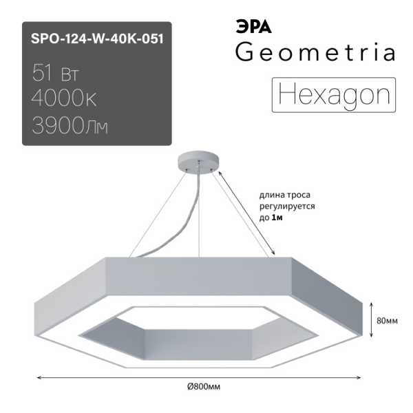 Светильник светодиодный Geometria Hexagon SPO-124-W-40K-051 51Вт 4000К 3900Лм IP40 800*800*80 белый подвесной Б0050556