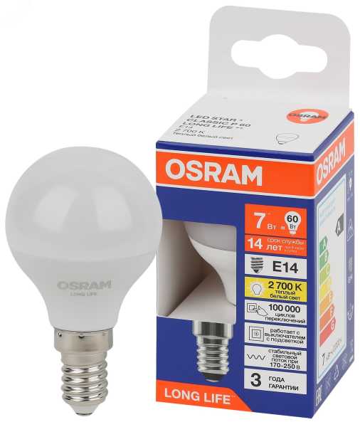 Лампа светодиодная LED 7Вт Е14 2700К 600Лм шар 220В (замена 60Вт) OSRAM 4099854186424