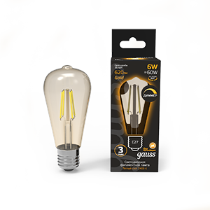 Лампа Filament ST64 6W 620lm 2400К Е27 golden диммируемая LED 1/10/40 102802006-D