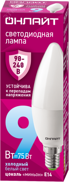 Лампа светодиодная 9вт OLL-C37-9-230-6.5K-E14-FR PRO 90-240В ОНЛАЙТ 31994