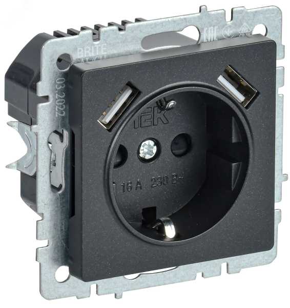 Розетка BRITE РЮш10-1-БрЧ 16А с USB A+A 2.1А с заземл. защ. шторки черн. BR-R14-16-U21-D21-K02