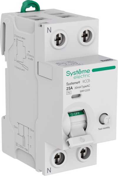 Выключатель дифференциального тока (ВДТ) 25A 2P 30мА Тип-AC 230В Systeme9 S9R12225
