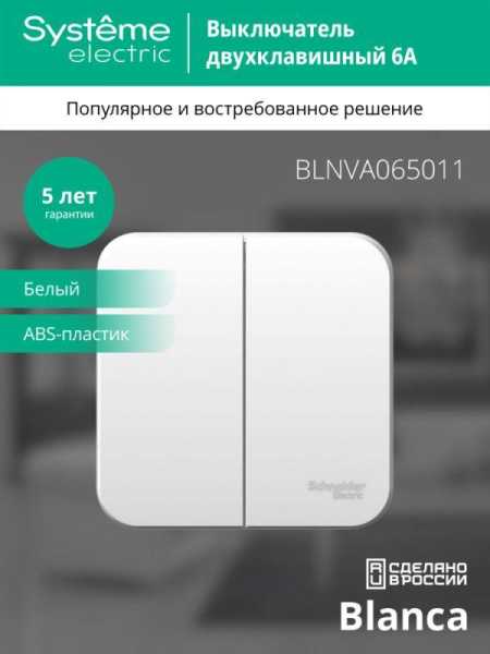 Выключатель 2-кл. ОП Blanca 6А IP20 (сх. 5) 250В с изолир. пластиной бел. SE BLNVA065011