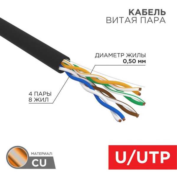 Кабель витая пара U/UTP кат.5E 4х2х24AWG solid CU ZH нг(А)-HF OUTDOOR черн. (305м) 01-0065