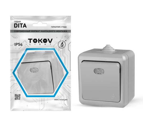 Выключатель 1-кл. ОП Dita IP54 10А 250В с индикацией сер. TKL-DT-V1I-C06-IP54