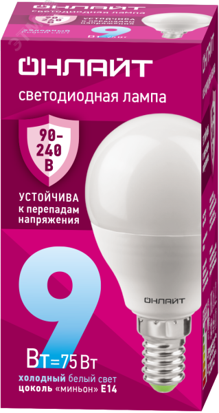 Лампа светодиодная 9вт OLL-G45-9-230-6.5K-E14-FR PRO 90-240В ОНЛАЙТ 32003