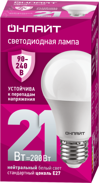 Лампа светодиодная 21вт OLL-A60-21-230-4K-E27 PRO 90-240В ОНЛАЙТ 31987