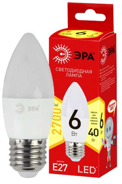 Лампа светодиодная ECO LED B35-6W-827-E27 (диод, свеча, 6Вт, тепл, E27) (10/100/5000) Б0020620