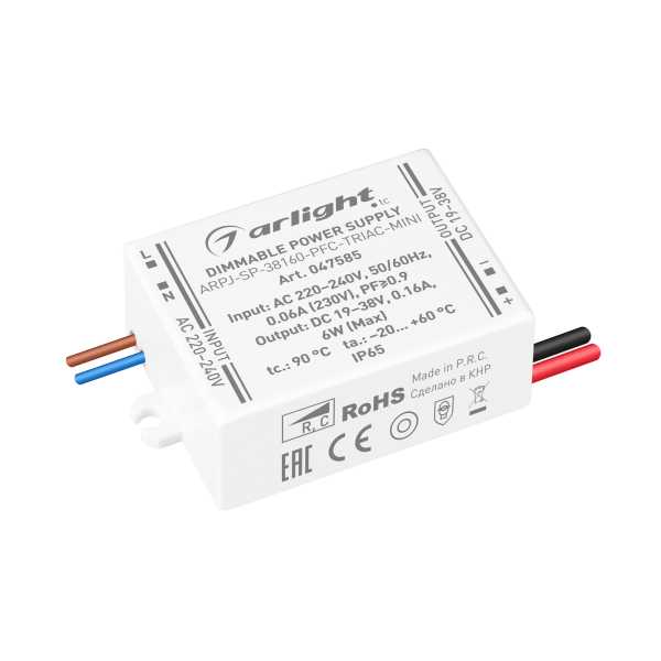 Блок питания ARPJ-SP-38160-PFC-TRIAC-MINI (6W, 19-38V, 160mA) 047585