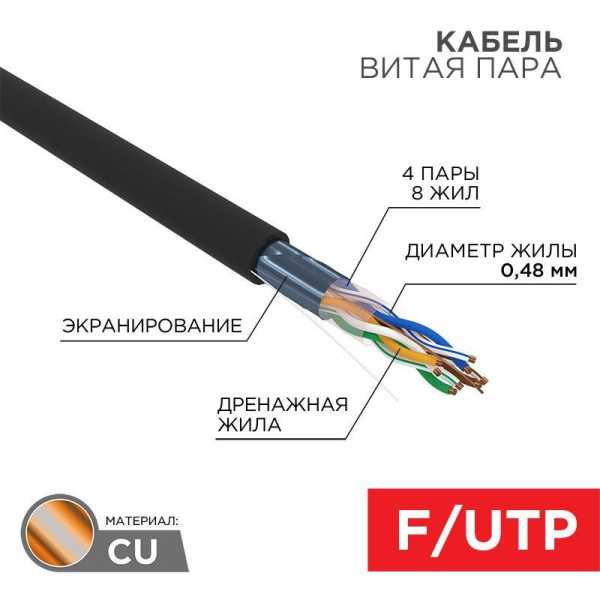 Кабель витая пара F/UTP кат.5E 4х2х24AWG медь наружн. прокл. черн. (м) 01-0154