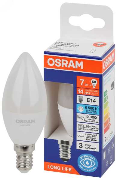 Лампа светодиодная LED 7Вт Е14 6500К 600Лм свеча 220В (замена 60Вт) OSRAM 4099854186301